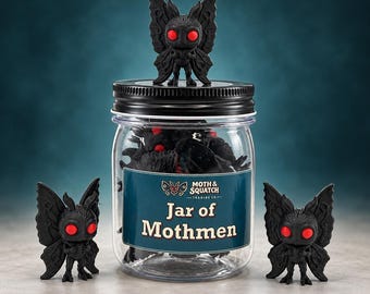Jar of Mothmen Mini Figurines in a Jar, Set of 8, 2-Inch 3D Printed Cryptids