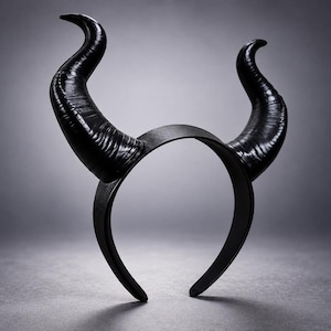 May include: A black headband featuring two large, curved, textured horns extending upwards. The horns have a glossy finish with horizontal ridges along their surface, while the headband itself is a smooth, solid black band designed for head wear.
