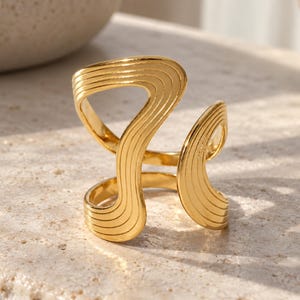 Puede incluir: Un anillo de tono dorado con un diseño abierto tipo bypass que presenta dos secciones distintas, curvas y alargadas. La superficie del metal está decorada con finas líneas grabadas paralelas que siguen los contornos de la forma ondulada y fluida.