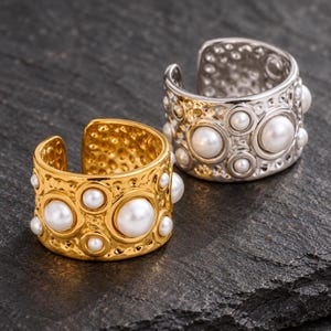 Wide Pearl Statement Ring, Gold or Silver Hammered Stainless Steel Band, Size 7