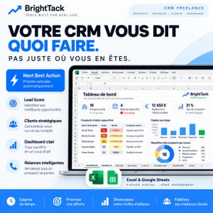 Puede incluir: Un panel de control CRM digital para autónomos en la pantalla de un portátil, con una interfaz de hoja de cálculo que muestra métricas, puntuaciones de clientes potenciales y gráficos. Incluye texto en francés, marca BrightTack e iconos de Excel y Google Sheets.