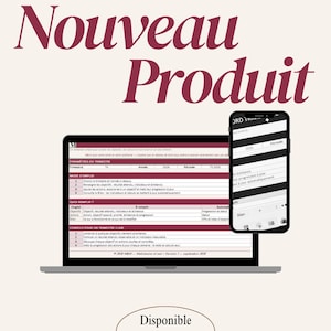 May include: A laptop and a smartphone displaying a digital planning spreadsheet with French text, including the headings Nouveau Produit and Disponible maintenant. The screen shows sections for quarterly parameters, instructions, and goal tracking.