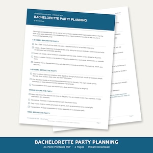 Puede incluir: Una lista de verificación imprimible de dos páginas para planificar una despedida de soltera titulada The Essential Life Lists Checklist No. 4 de Bonnie Shupp. El documento presenta un encabezado azul y secciones organizadas con casillas.