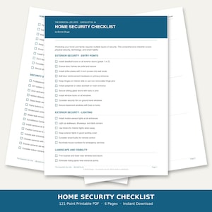 May include: A white paper document titled Home Security Checklist by Bonnie Shupp, featuring a dark blue header. The checklist includes sections for exterior security, entry points, lighting, and landscape visibility with checkboxes.