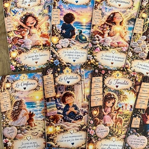 May include: A collection of illustrated oracle cards featuring whimsical characters, animals, and nature scenes. Each card displays a numbered title, such as La Joie or La Gratitude, along with French text, heart icons, and warm, glowing light effects.