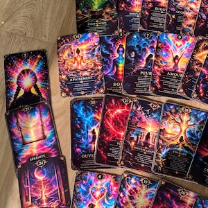 Op de afbeelding: Een verzameling rechthoekige orakelkaarten met levendige, kosmische illustraties in diepe blauwe, paarse, roze en oranje tinten. Elke kaart toont een genummerde titel, zoals Purification, Apaisement en Courage, met Franstalige tekst.