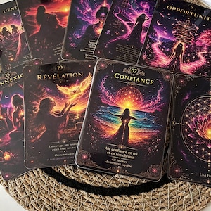 May include: A collection of rectangular oracle cards featuring vibrant cosmic illustrations in shades of purple, pink, and orange. Each card displays a numbered title, such as Confiance, Révélation, and Clarté, alongside French text and ethereal silhouettes of figures against starry, nebula-filled backgrounds.