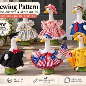 May include: A digital sewing pattern for goose outfits and accessories featuring six designs. The image displays five white goose figurines wearing various outfits including a graduation gown, a floral dress, a sailor suit, and a yellow raincoat.