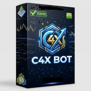 Puede incluir: Una caja de software rectangular para C4X BOT con fondo azul oscuro y un logotipo geométrico brillante en azul y dorado. El diseño incluye gráficos de trading financiero, una marca de verificación verde y una calificación de cinco estrellas.