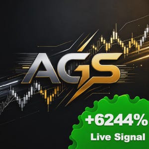 Könnte beinhalten: Eine Grafik mit den Buchstaben AGS in silberner und goldener Metallic-Optik vor einem dunklen Hintergrund mit abstrakten Finanz-Kerzendiagrammen. Eine leuchtend grüne, unregelmäßige Form zeigt den Text +6244% Live Signal.