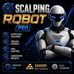 Op de afbeelding: Een digitale afbeelding met een witte en zwarte humanoïde robot met gloeiende blauwe ogen. De tekst luidt Scalping Robot Pro, Ultra Fast Scalping, Precise Entries, Risk Control, Consistent Results, Timeframe M1, XAUUSD Gold/US Dollar, Fully Automated.