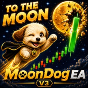 Puede incluir: Una ilustración gráfica de un cachorro guiñando un ojo con una capa negra, volando hacia una luna dorada. El texto dice TO THE MOON y MoonDog EA V3. Un gráfico de velas verde y rojo asciende sobre un fondo de cielo nocturno azul oscuro.