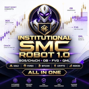 Op de afbeelding: Een digitale afbeelding met een wit en goudkleurig robotfiguur boven de tekst INSTITUTIONAL SMC ROBOT 1.0. De afbeelding bevat financiële handelstermen zoals BOS, OB, FVG en QML, met iconen voor Gold, Forex, Bitcoin, Crypto en Indices.