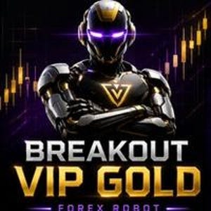 May include: A digital graphic featuring a robotic figure in black and gold armor with glowing purple eyes. Below the figure, the text reads BREAKOUT VIP GOLD FOREX ROBOT in bold white and gold lettering against a dark background with gold candle charts.