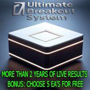 Può includere: Una scatola quadrata di colore scuro con una superficie superiore bianca e strisce luminose lungo i bordi. Il testo "Ultimate Breakout System" appare sopra, e il testo "MORE THAN 2 YEARS OF LIVE RESULTS BONUS: CHOOSE 5 EA'S FOR FREE" appare sotto.