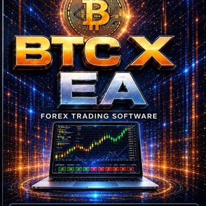 May include: A digital graphic featuring a glowing Bitcoin symbol above the gold and silver text BTCX EA and FOREX TRADING SOFTWARE. A laptop displays a green and red candlestick trading chart. Bottom icons show SMART TRADING, PROFIT OPTIMIZED, SECURE & RELIABLE, and EASY TO USE.