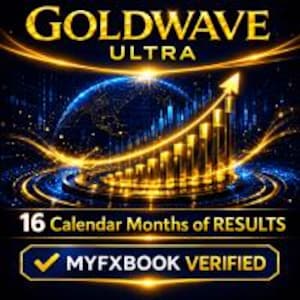 Op de afbeelding: Een digitale afbeelding met de tekst GOLDWAVE ULTRA bovenaan, met een oplichtende gouden staafgrafiek met een opwaartse trend en een pijl tegen een donkerblauwe achtergrond. Onderaan staat 16 Calendar Months of RESULTS en MYFXBOOK VERIFIED.