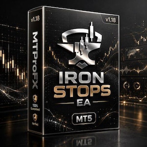 May include: A black rectangular software box labeled MTPROFX IRON STOPS EA v1.18 MT5. The front features a silver anvil icon with candlestick chart elements, gold text, and two shield icons with checkmarks labeled 100% Guaranteed and Verified.