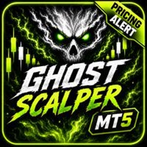 Puede incluir: Un gráfico cuadrado que presenta una calavera estilizada con ojos verdes brillantes, rodeada de efectos de rayos verde eléctrico y gráficos de velas blancos. El texto dice GHOST SCALPER MT5 con un banner de PRICING ALERT en la esquina.