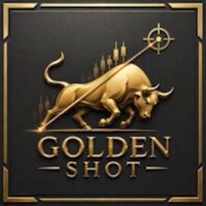 Peut inclure: Un graphique carré présentant un taureau doré métallique en position de charge, placé sous un symbole de cible et des éléments de graphique en chandeliers. Le texte GOLDEN SHOT est affiché en lettres dorées en bas, sur un fond sombre.