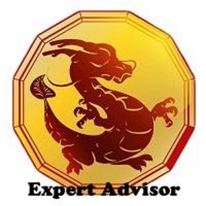 Pode incluir: Um emblema octogonal dourado com uma silhueta de dragão vermelho-escuro no centro. O dragão é retratado numa pose curva e dinâmica com garras e cauda visíveis. Abaixo do octógono, o texto Expert Advisor está impresso em preto.