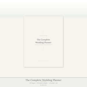 Könnte beinhalten: Ein cremefarbenes Hochzeitsplaner-Cover mit dem Text 'Aisle & Elm' und 'The Complete Wedding Planner' in dunkelgrauer Serifenschrift. Das Dokument umfasst 60 Seiten und ist in den Formaten US Letter und A4 für den Druck oder die digitale Nutzung erhältlich.