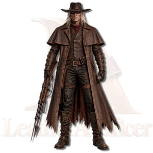 May include: A figure wearing a brown leather duster coat, a wide-brimmed hat, a dark waistcoat, and distressed dark trousers. The outfit includes buckled arm guards, a red neck scarf, and tall brown boots. A long, metallic spear-like weapon is held.