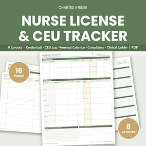 Puede incluir: Un planificador digital de seguimiento de licencias de enfermería y CEU con 16 páginas y 8 diseños. El documento incluye un panel de credenciales, registro de CEU, calendario de renovación, cumplimiento y escalera clínica.