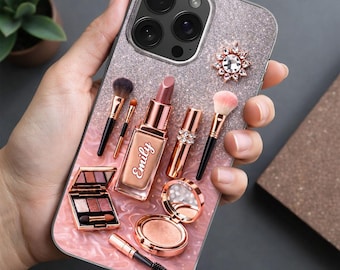 Funda personalizada para iPhone 18 con diseño de maquilladora, funda de belleza con nombre personalizado, funda para teléfono de cosméticos en oro rosa, regalo para amantes del maquillaje.