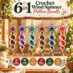 May include: A 6-in-1 crochet wind spinner pattern bundle featuring six hanging ornaments with star-shaped tops, spiral bodies, and small bells at the bottom. Each ornament displays a unique color scheme including red, purple, teal, and blue accents.