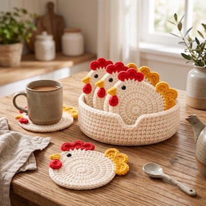 Può includere: Un set di sottobicchieri rotondi all'uncinetto a forma di gallina, color crema, con creste e bargigli rossi, becchi gialli e piume della coda arancioni. I sottobicchieri sono riposti in un cestino all'uncinetto abbinato, uno sotto una tazza.
