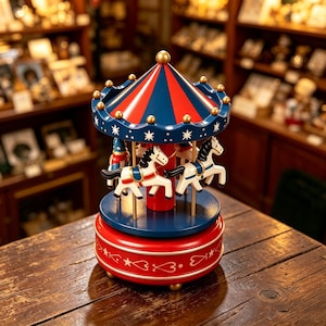 May include: A decorative carousel music box featuring a red and blue striped conical roof with gold accents. The base is red with white heart and star motifs. Three white horses with black manes and blue saddles are attached to gold poles.