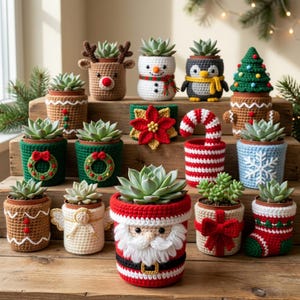 May include: A collection of small potted succulents, each encased in a decorative, hand-crocheted cozy featuring various holiday themes including a Santa Claus, a reindeer, a snowman, a penguin, a Christmas tree, and a candy cane.