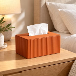Puede incluir: Una caja para pañuelos rectangular de color naranja vibrante, con una textura acanalada vertical en todos sus lados. La parte superior tiene una abertura rectangular central por la que asoma un pañuelo blanco hacia arriba.