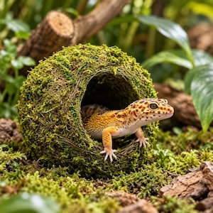 Könnte beinhalten: Ein Leopardgecko mit gelb-braun gefleckter Haut kommt aus einem kugelförmigen, mit Moos bedeckten Versteck hervor. Das Versteck besteht aus getrockneten Fasern und grünem Moos und hat eine kreisförmige Öffnung, die den Gecko beim Abstützen zeigt.