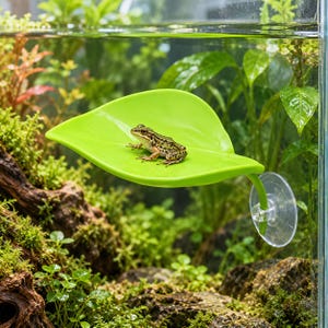 May include: A small brown and green frog sits on a bright lime green leaf-shaped platform. The platform is attached to the side of a glass tank with a clear suction cup, positioned above aquatic plants and dark textured rocks in the water.