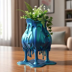 Puede incluir: Un jarrón de color verde azulado metálico con un efecto de líquido que gotea y se extiende hasta la base. El jarrón tiene una abertura ancha llena de follaje verde y pequeñas flores blancas, creando un contraste vibrante con la superficie brillante.