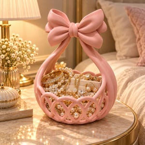 May include: A light pink jewelry organizer shaped like a basket with a large bow handle. The openwork frame holds various gold-toned necklaces and bracelets adorned with white pearls and clear crystals, featuring a velvet-lined interior tray.