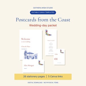 May include: A set of editable wedding stationery templates titled Postcards from the Coast by Gather & Wish Studio. The collection includes 26 pages with blue coastal illustrations, floral accents, and text for welcome signs, menus, and table cards.