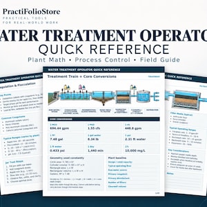 May include: A three-page Water Treatment Operator Quick Reference guide by PractiFolioStore. The pages feature technical diagrams of treatment trains, core conversion tables, and key points for coagulation, flocculation, and filtration processes.