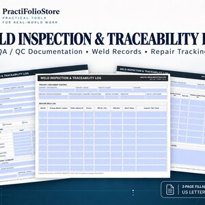 Op de afbeelding: Een driedelige set formulieren voor lasinspectie en traceerbaarheid met blauwe en witte tabellen voor kwaliteitsborging, lasgegevens en reparatiebeheer, inclusief velden voor projectcontrole, hoofdlaslogboeken en inspectiewaarnemingen.