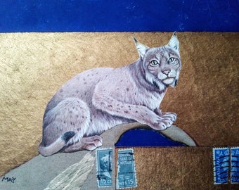 Original painting Landscape Animal portrait Lynx Oil Collage Gift idea Special price for loving art THE LYNX Terry May