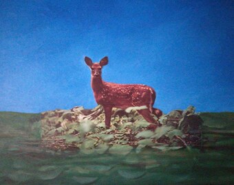 CAPRIOLO Original work Oil Collage Animal Landscape Blue Art Terry May