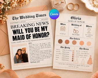 Editable Bridesmaid Proposal Card, Newspaper Style, Wedding Party Info (Canva Template)