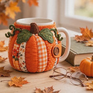 May include: A white ceramic mug encased in a quilted fabric cozy shaped like a pumpkin. The cozy features orange gingham, floral, and polka dot patterns, accented with green fabric leaves, curly vines, a brown stem, and a brown button closure.