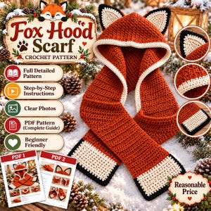 May include: A crochet fox hood scarf featuring a rust-orange body with cream-coloured inner ears and tail tips, accented by black trim. The design includes a hood with pointed ears and long scarf ends. Text includes Fox Hood Scarf Crochet Pattern.