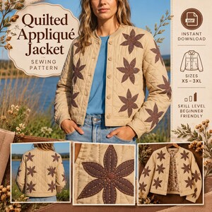 Quilted Patchwork Jacket Sewing Pattern PDF, Floral Applique Bomber Jacket, Women's Quilting Tutorial