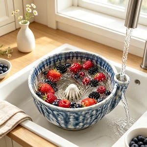 May include: A blue and white ceramic berry colander bowl with a central drainage cone and a side spout, filled with fresh strawberries, raspberries, and blackberries being rinsed under a stream of water from a stainless steel kitchen tap.