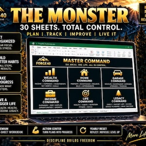 May include: A laptop displaying the Forge40 The Monster 30-sheet Microsoft Excel workbook. The screen shows a Master Command dashboard with six categories: Wealth, Home, Garage, Income, Life, and Legacy Command, featuring gold icons and text.