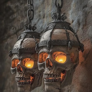 May include: Two hanging skull-shaped lanterns suspended by dark metal chains. Each off-white, cracked skull features an ornate, dark metal cage-like crown and emits a warm, glowing orange light from within the eye sockets and nasal cavity.
